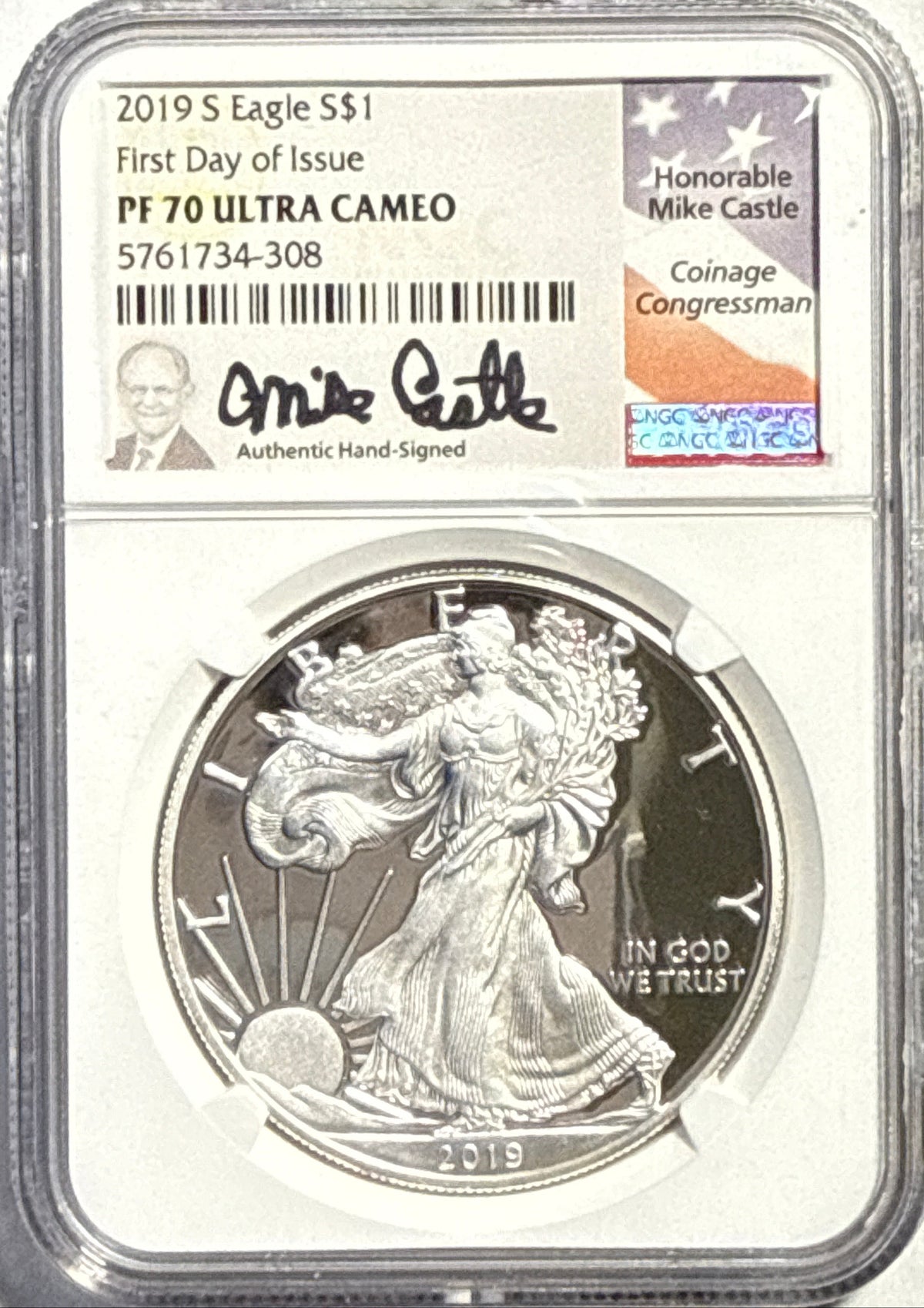 2019-S American Silver Eagle $1 NGC FDI PF70 UCAM Mike Castle Hand-Signed