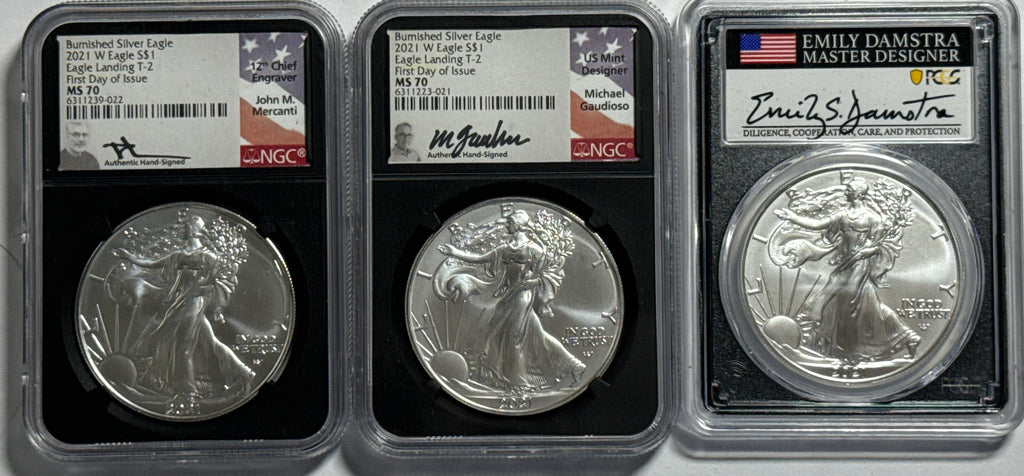 2021-W Burnished American Silver Eagle 3 Piece Set T-2 NGC MS70 FDOI FL Mercanti/Gaudioso/Damstra