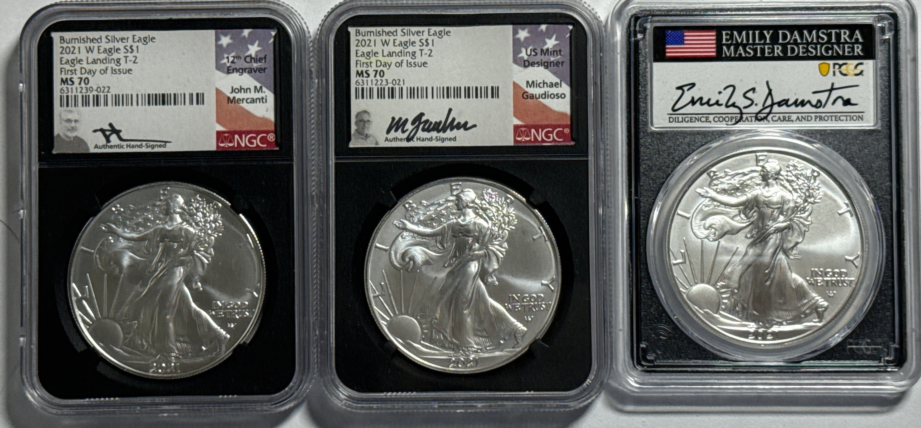 2021-W Burnished American Silver Eagle 3 Piece Set T-2 NGC MS70 FDOI FL Mercanti/Gaudioso/Damstra