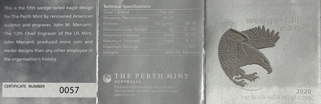 2020P Australia $1 .999 Silver Wedge-Tailed Eagle NGC High Relief FR PF70 UCAM Mercanti