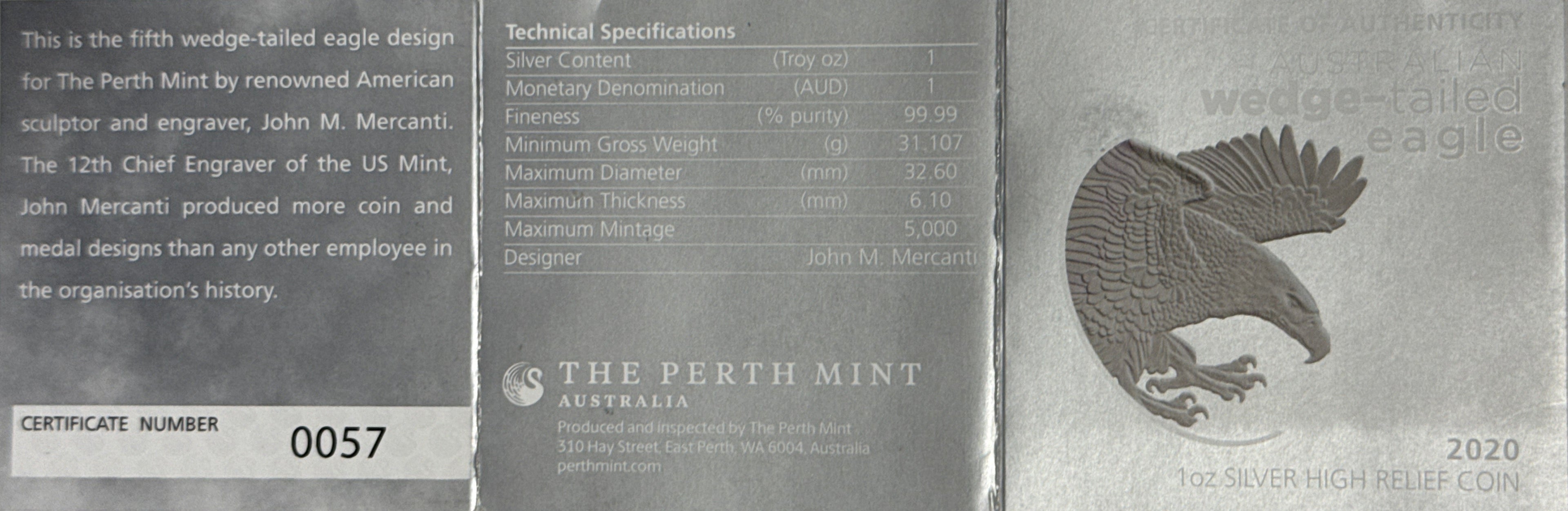 2020P Australia $1 .999 Silver Wedge-Tailed Eagle NGC High Relief FR PF70 UCAM Mercanti
