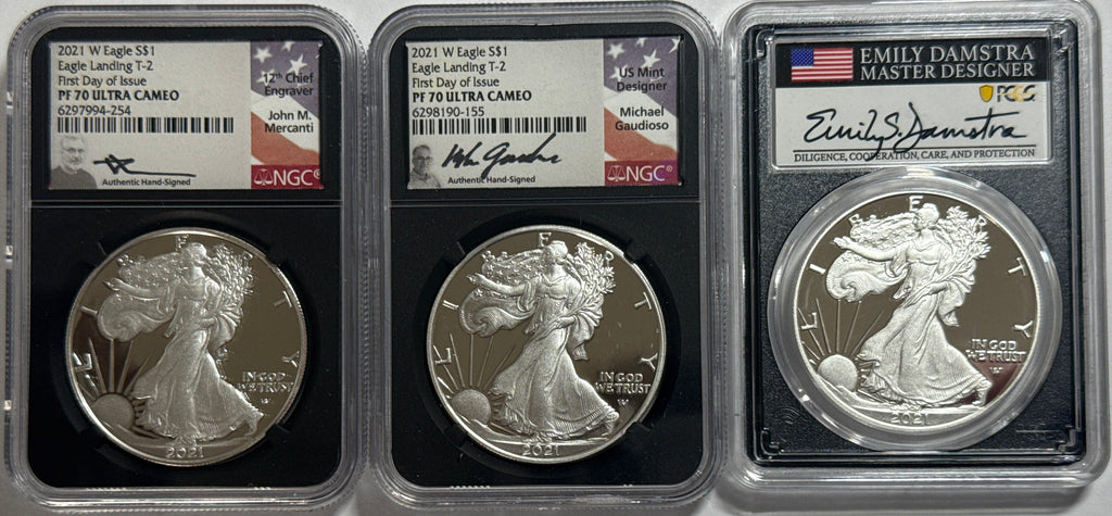 2021-W American Silver Eagle T-2 3-Coin Box Set NGC PF70 UCAM/PCGS PR70 DCAM FDOI Mercanti/Gaudioso/Damstra