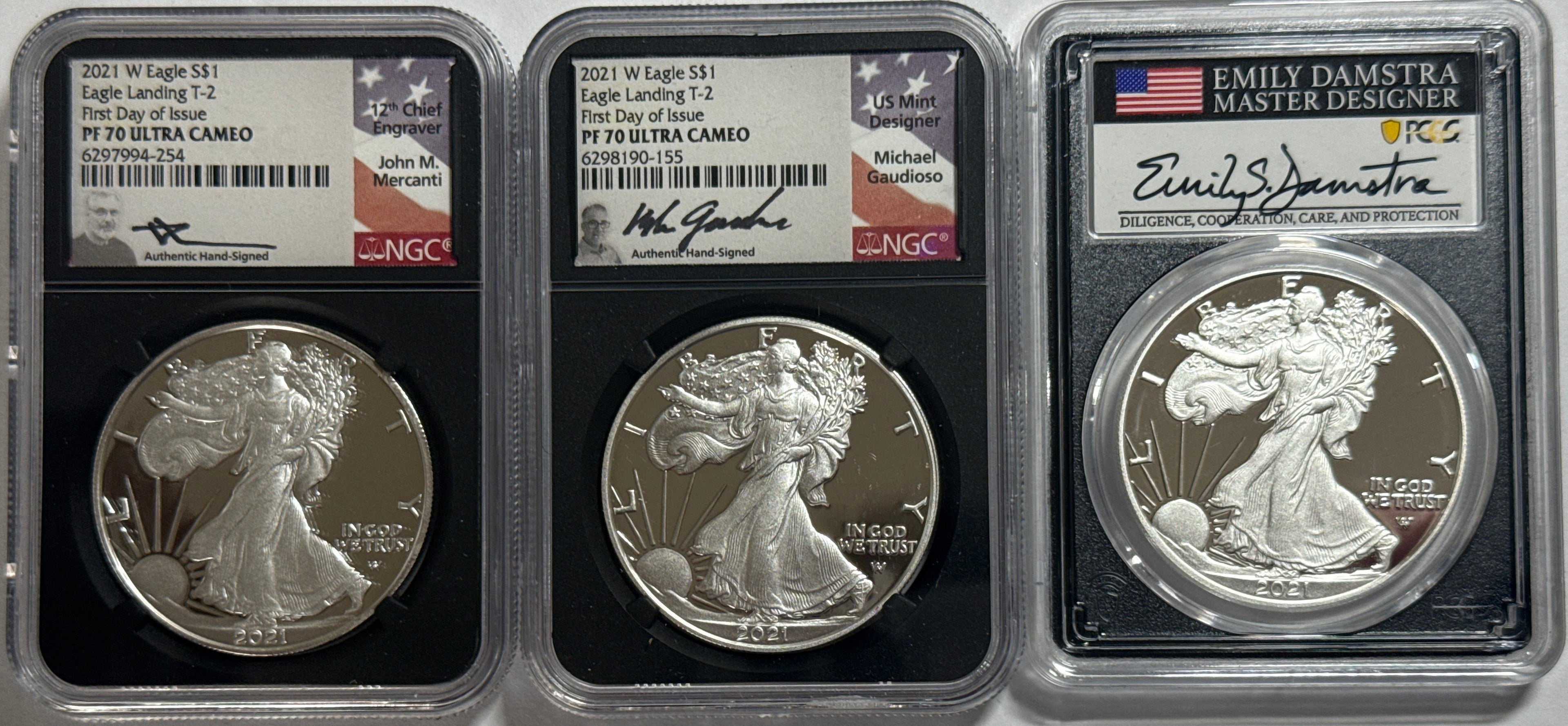 2021-W American Silver Eagle T-2 3 Piece Set NGC PF70 UCAM/PCGS PR70 DCAM FDOI Mercanti/Gaudioso/Damstra