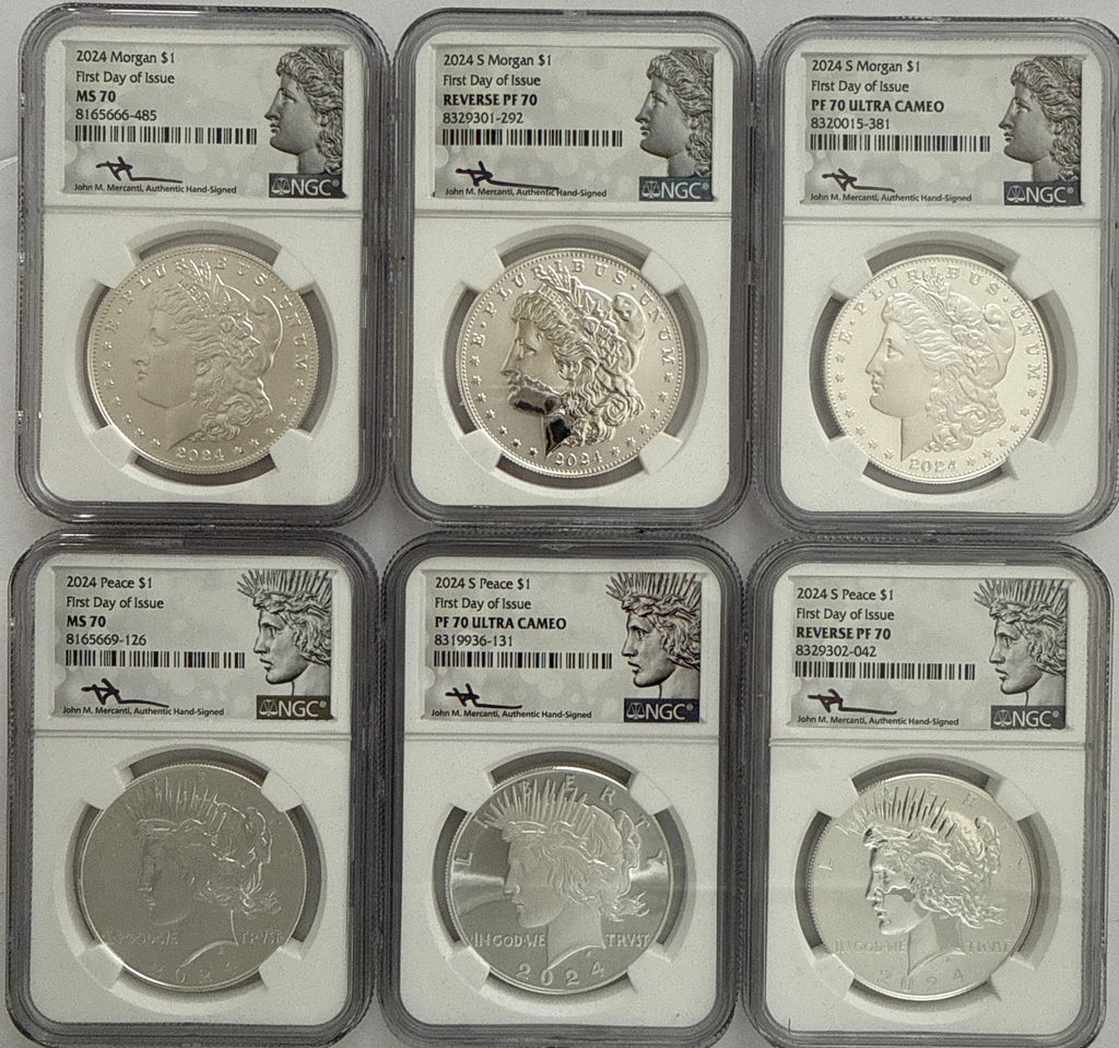 2024-P/S Morgan Silver Dollar 6 piece set NGC FDOI MS70/Reverse PF70/PF70 UMC Mercant Hand Signed