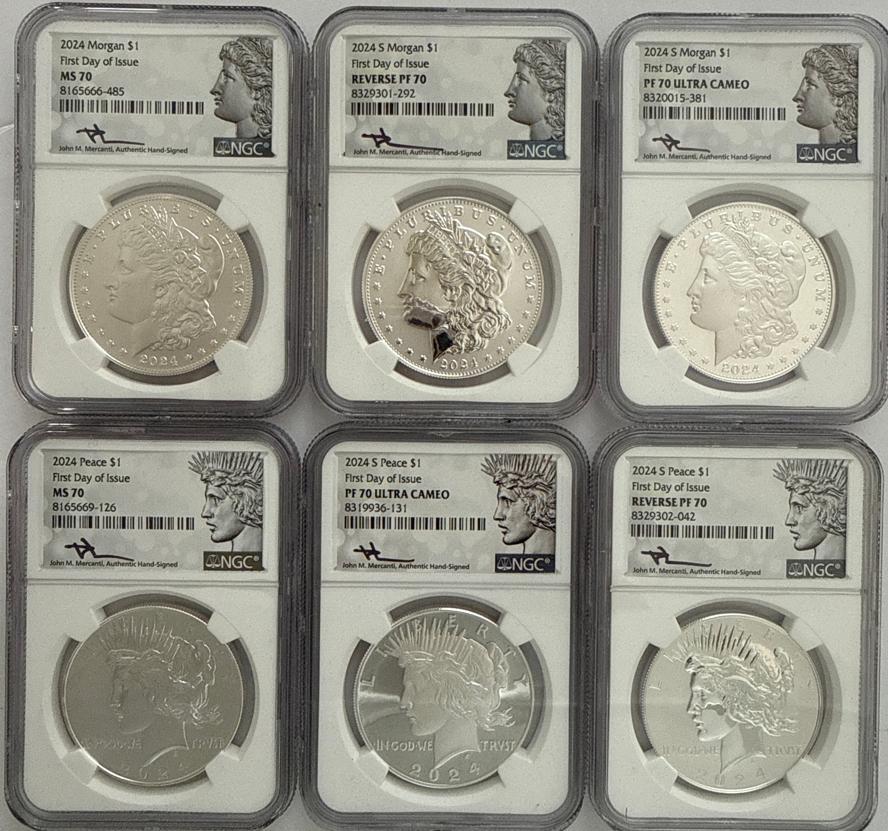 2024-P/S Morgan Silver Dollar 6 piece set NGC FDOI MS70/Reverse PF70/PF70 UMC Mercant Hand Signed