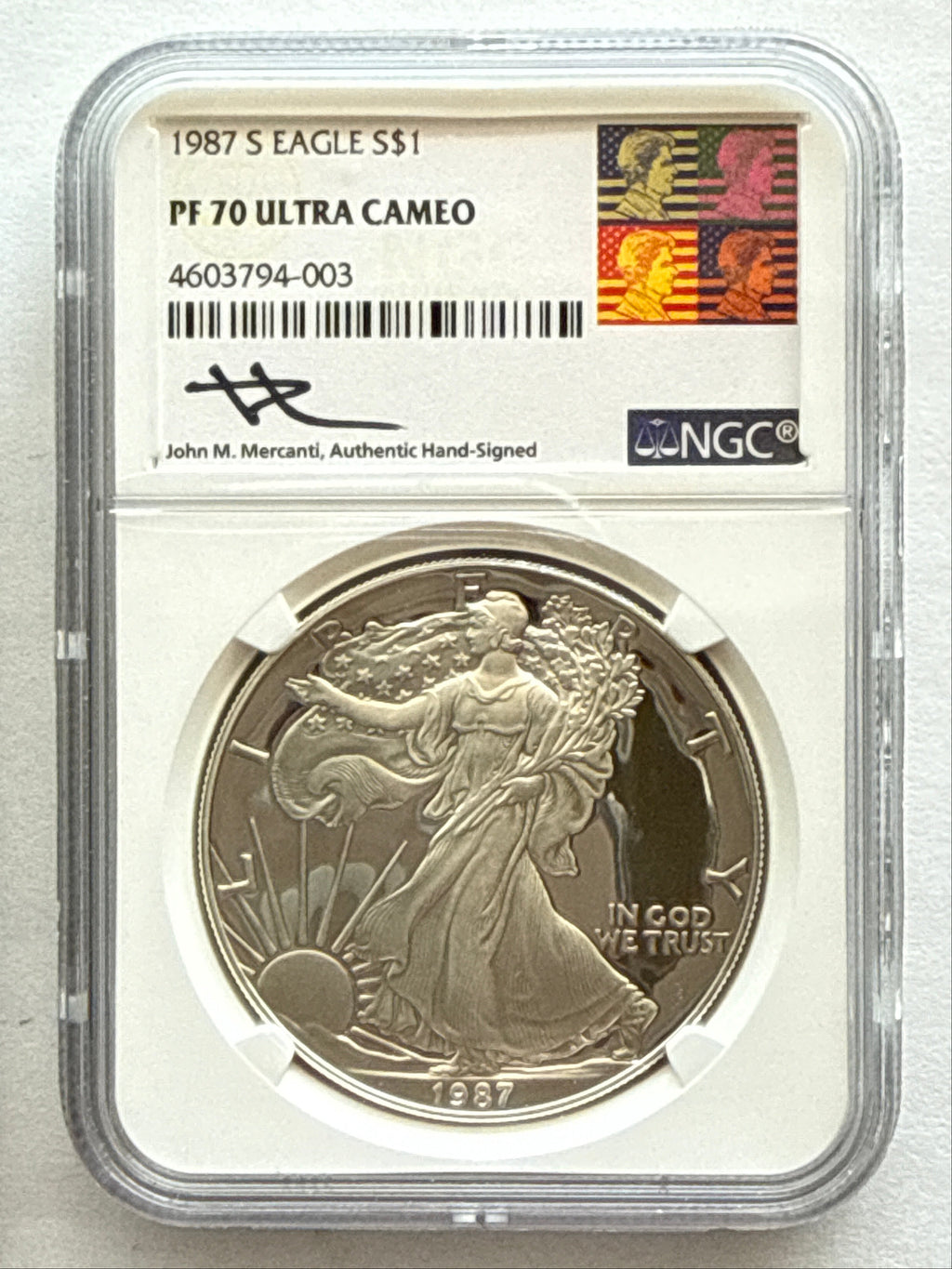 1987-S American Silver Eagle NGC 1 oz PF70 UCAM  J. M. Mercanti hand signed pop #3 Art Label