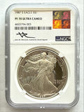 1987-S American Silver Eagle NGC 1 oz PF70 UCAM  J. M. Mercanti hand signed pop #3 Art Label