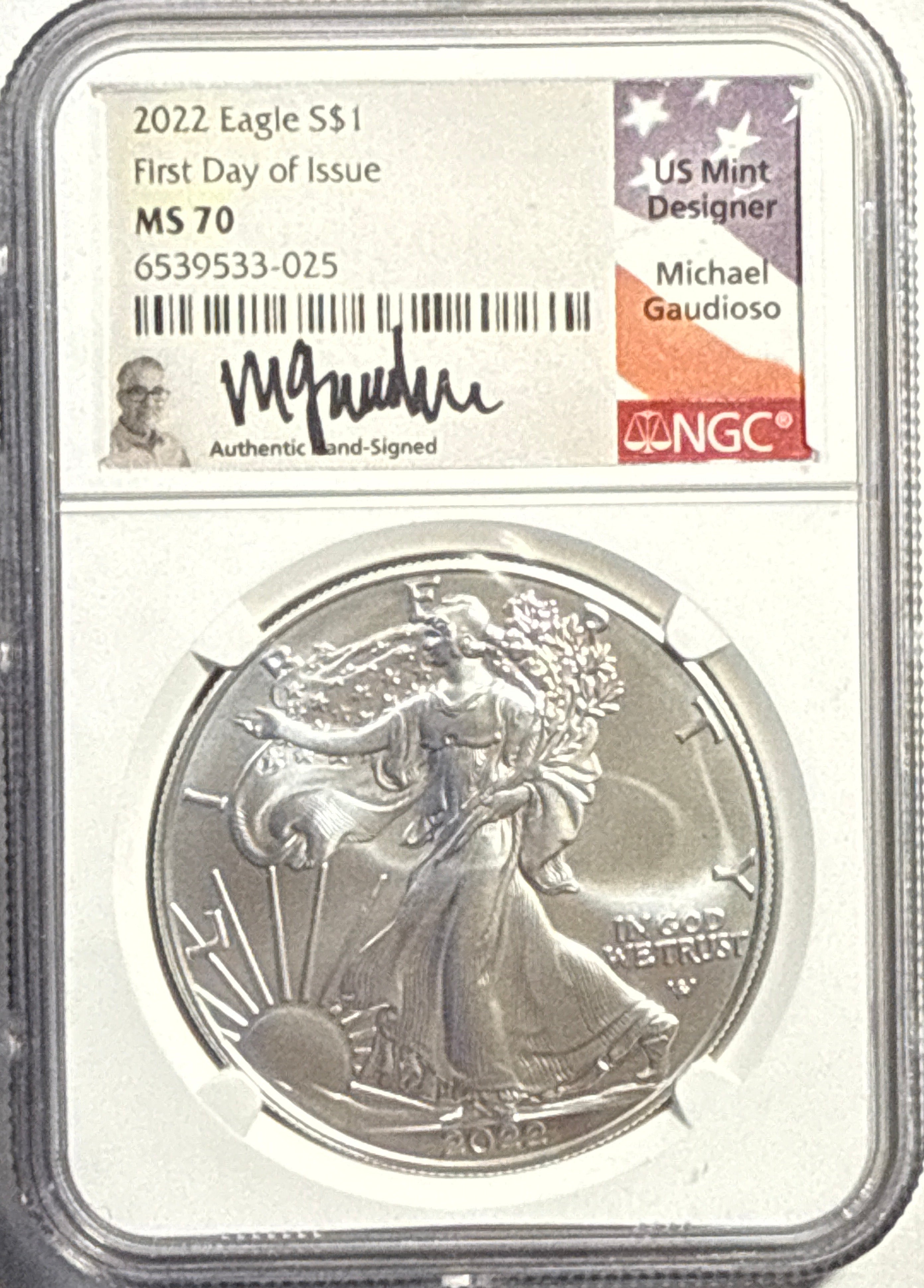 2022 American Silver Eagle $1 NGC FDI MS70 Michael Gaudioso Hand-Signed.