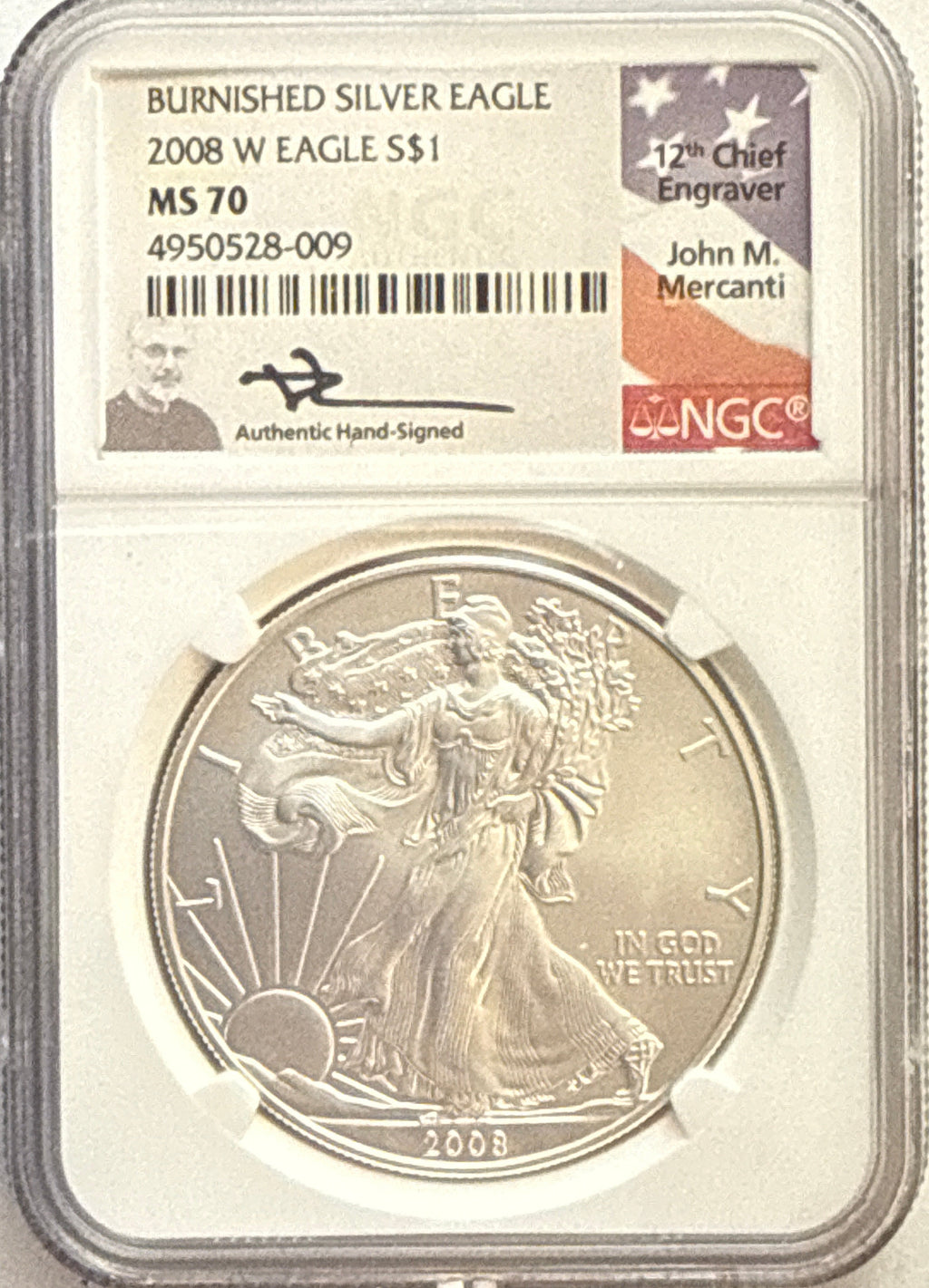 2008-W Burnished American Silver Eagle $1 NGC MS70 Mercanti Hand-Signed