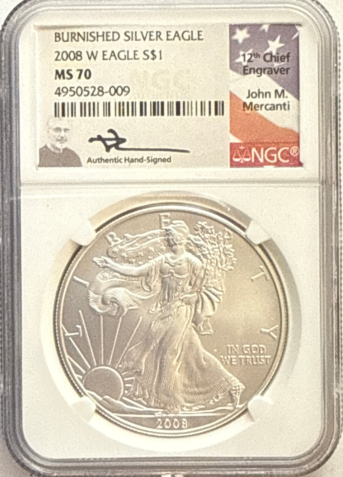 2008-W Burnished American Silver Eagle $1 NGC MS70 Mercanti Hand-Signed