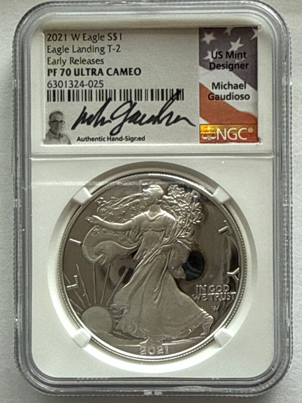 2021-W American Silver Eagle NGC 1 oz PF70 UCAM ER Eagle Landing T-2 M. Gaudioso FL